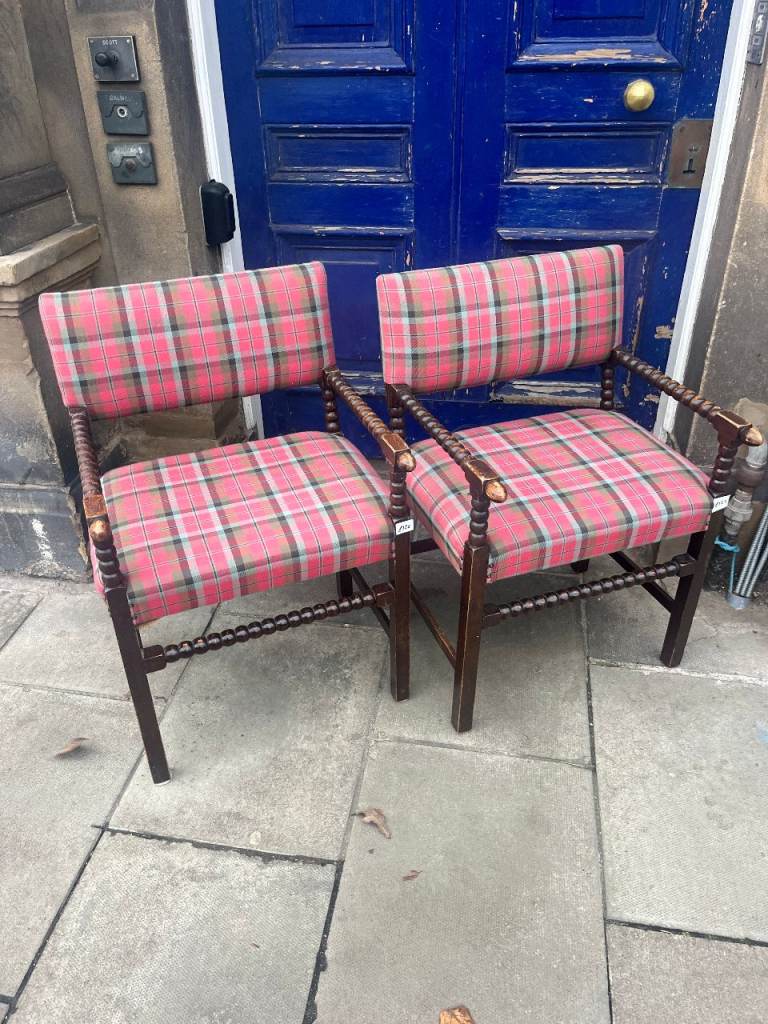 Pair of bobbin armchairs , must be seen . Lovely craved detail , upholstered in tartan material . 