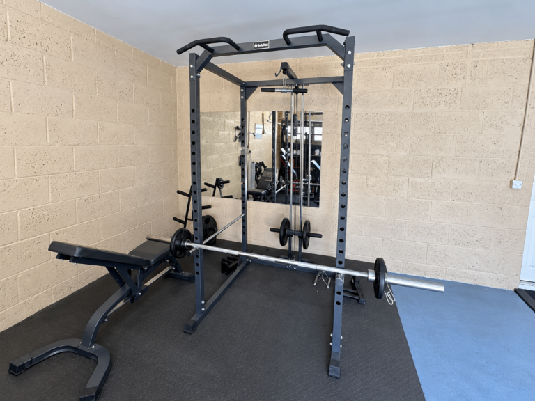 Home Gym Setup - BodyMax Power Rack, Olympic Bar, Weights, Bench, Treadmill, Dumbbells