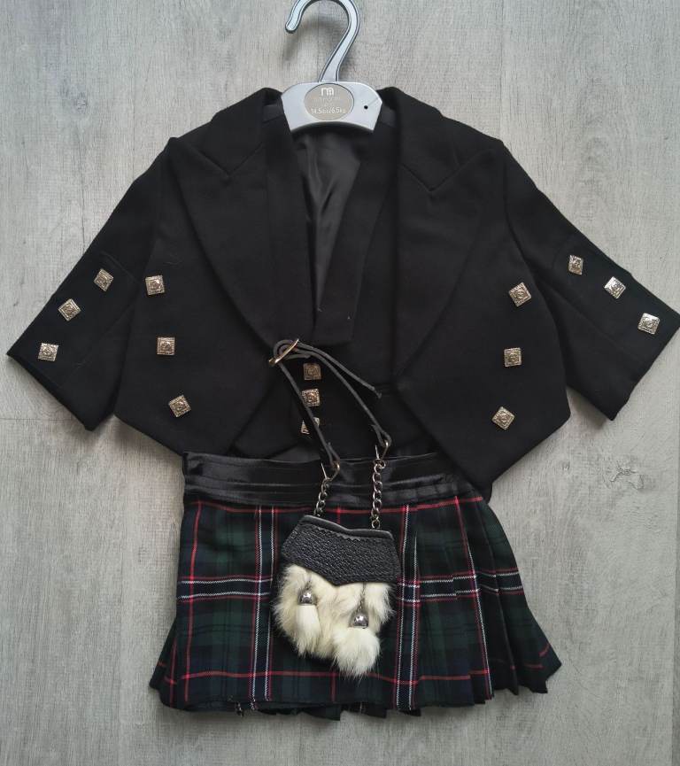 Baby Boys Kilt Outfit - Prince Charlie Jacket + Waistcoat + Sporran - Age 2-3 Approx 