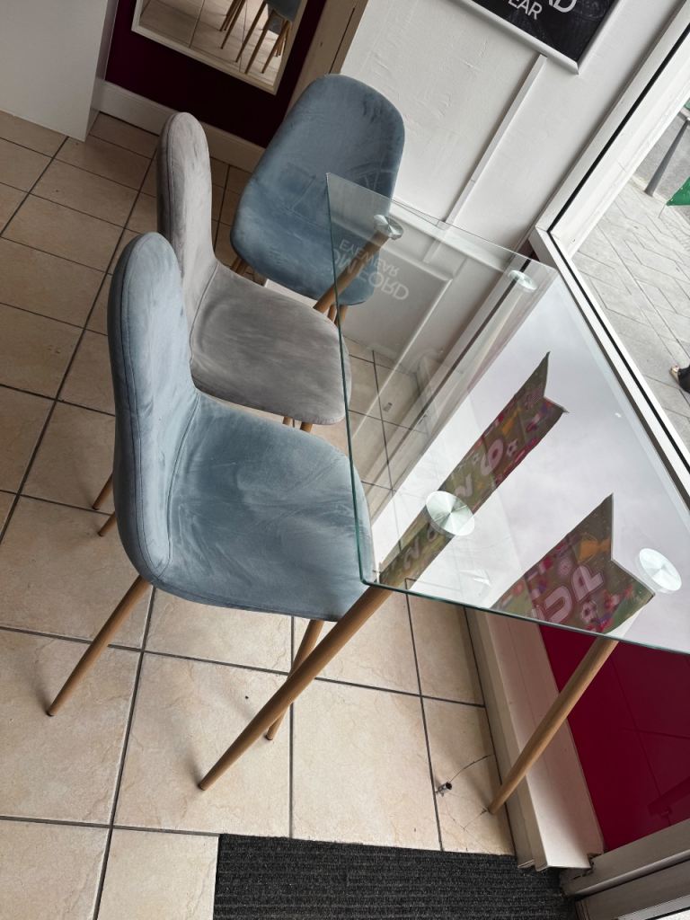 FREE Glass Dining Table & three Velvet Chairs – Good Condition
