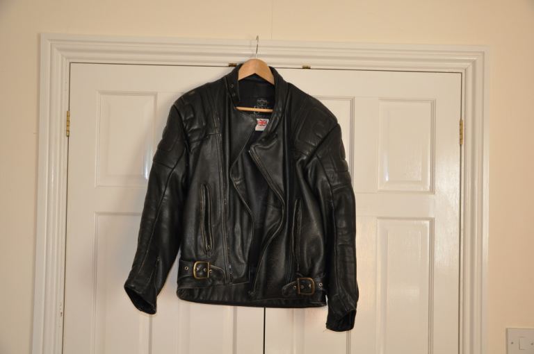Motorcycle leather jacket and leather zip in trousers