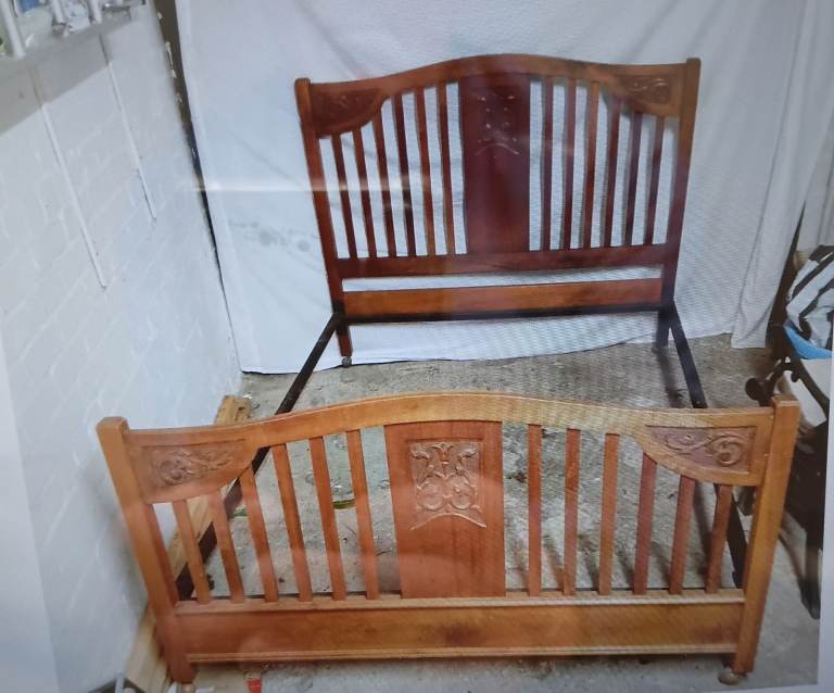 FREE FREE Vintage wooden carved double bedstead with original side bars.