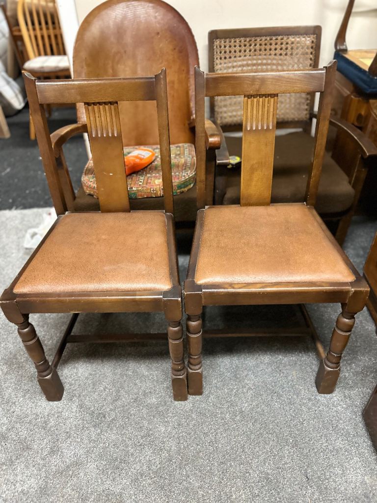 Antique Solid Oak Dining 2 Chairs Leather Look Seats