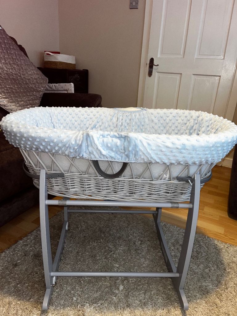  Moses Basket with Rocking Stand – Grey and Blue, As Good As New