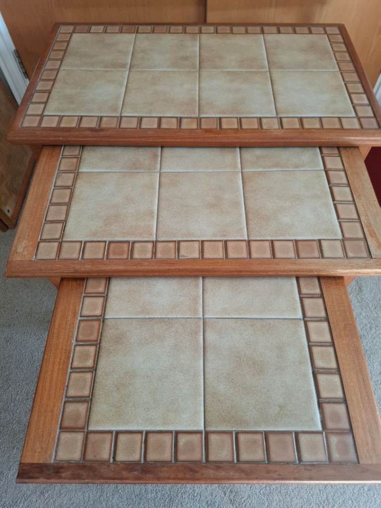 1970s Tile-Top Nesting Tables – Solid Wood, Retro / Vintage
