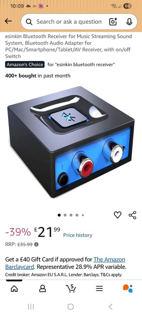 esinkin Bluetooth receiver for streaming music as new