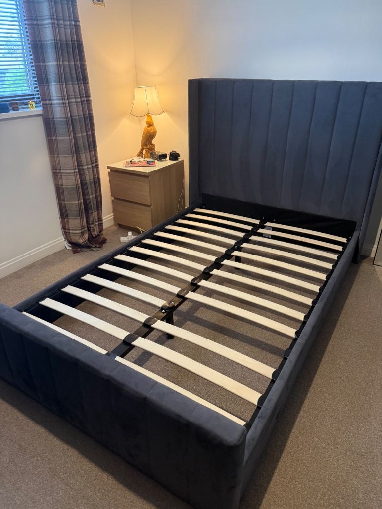 Small double grey velvet bed with spring mattress 