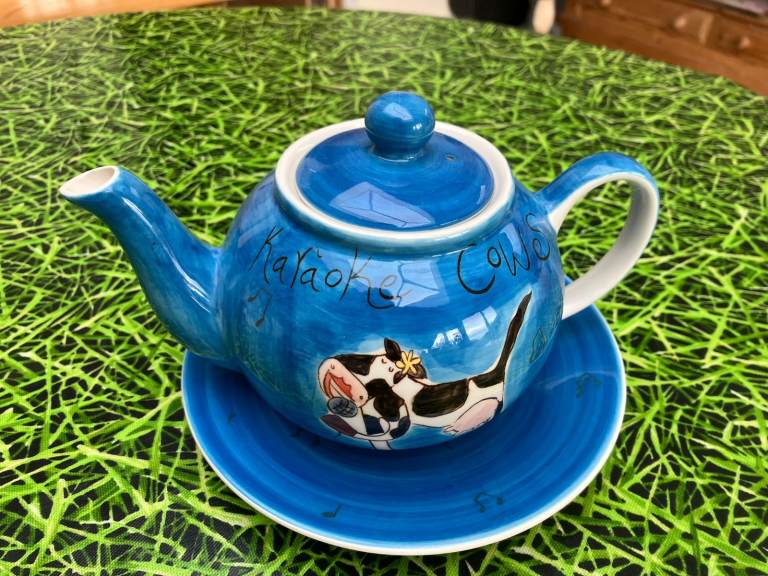 Beautiful blue Whittard teapot, plate and sugar bowl Karaoke cows