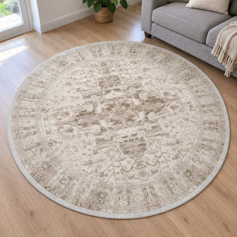 Beige & Brown Round Decorative Area Rug 180x180 Diameter