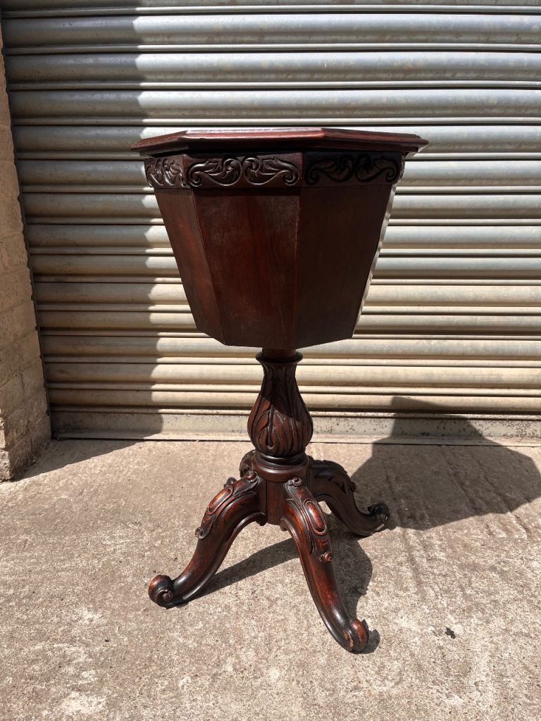 Antique Victorian Sewing Work Table Box Carved Mahogany Octagonal c1900