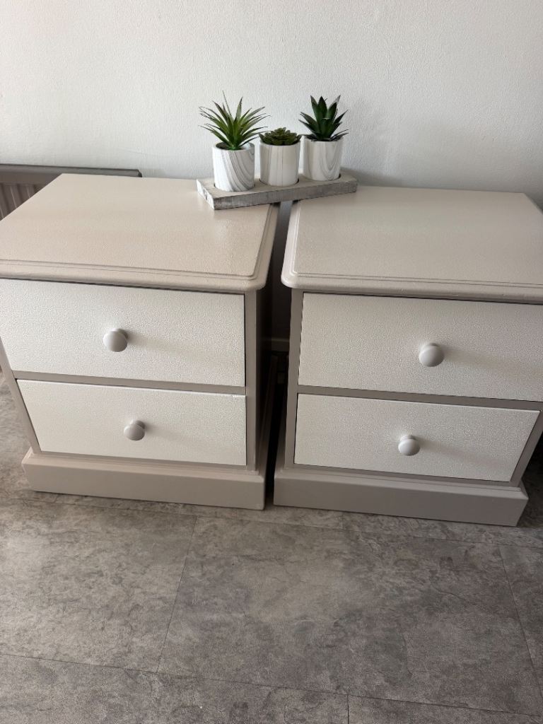 Rustic Pair of Bedside Tables with two drawers. Colours: Grey & White with Grey Handles.