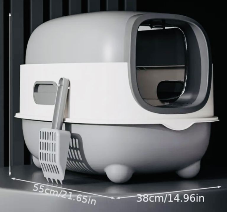 Cat litter tray/box, large, enclosed/splash proof, flip lid, grey and white. New. Comes with shovel