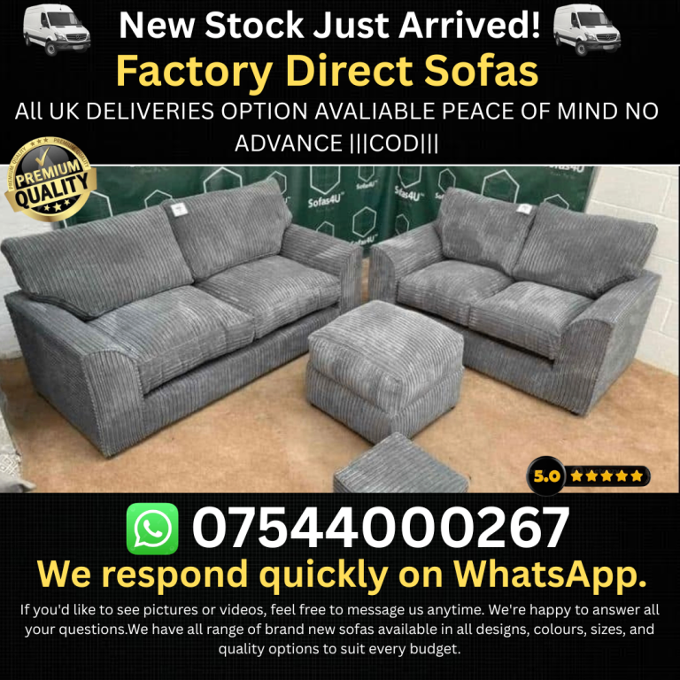 Grey Corduroy 2 Seater Sofa Set & Ottoman - Brand New