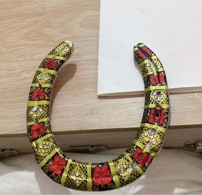 Crown Derby inspired Decorative Metal Horseshoe with Red and Gold Pattern