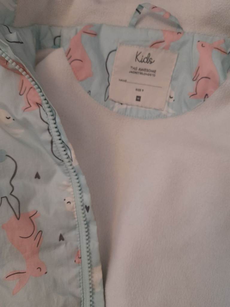 Kids Light Blue Bunny Pattern Rain Jacket – Size 9