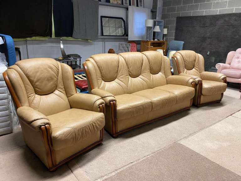 Taupe Italian Leather 3 Seater Sofa and 2 Chairs 