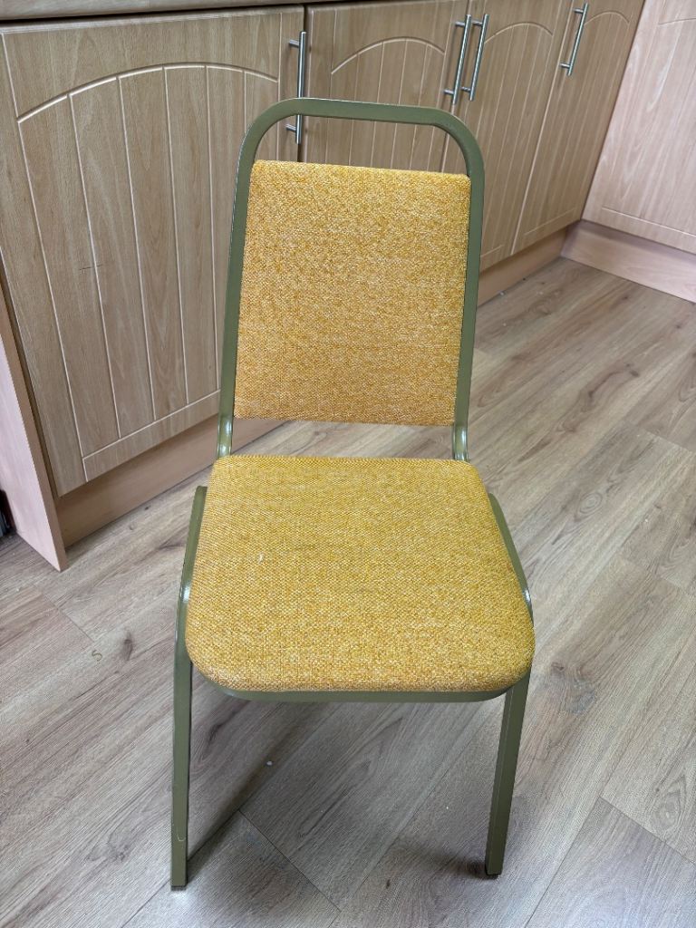 10 Gold Fabric & gold Metal Stacking banquet  Chair – Good Condition