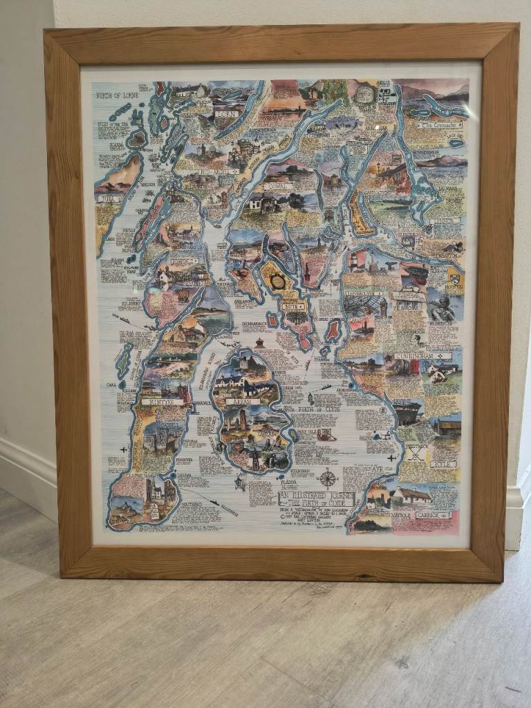 Framed Ken Lochhead Print Pictorial Map of Firth of Clyde Arran Bute Kintyre Jura Argyll Loch Lomond