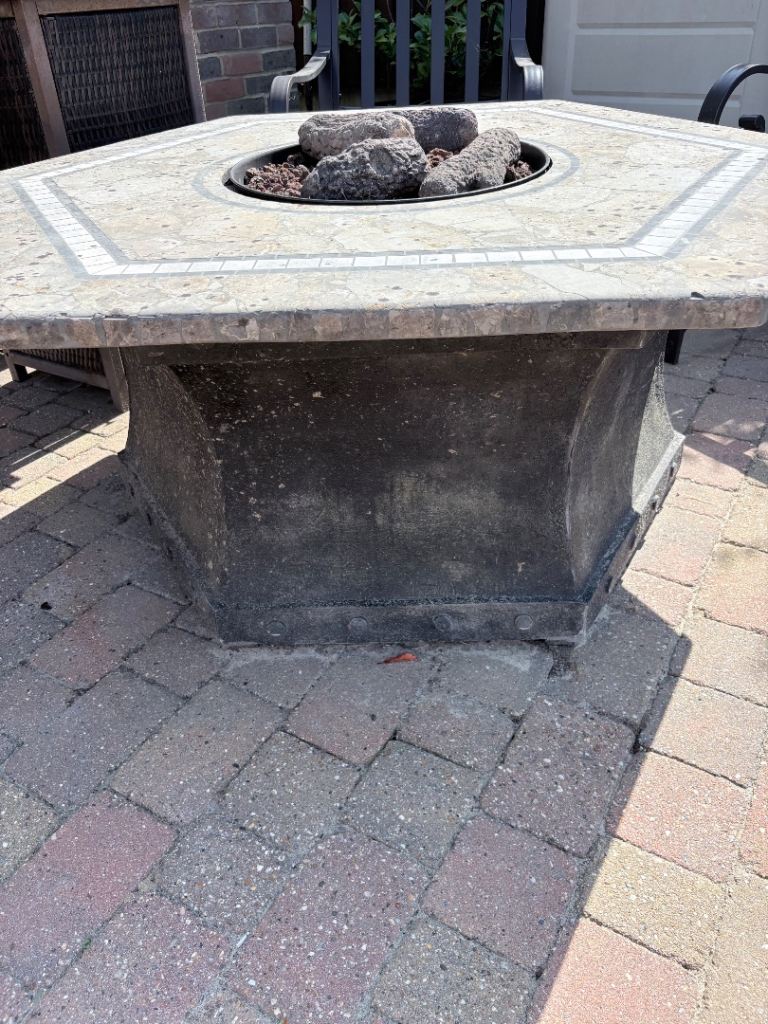 Hexagonal Stone Fire Pit Table with Logs
