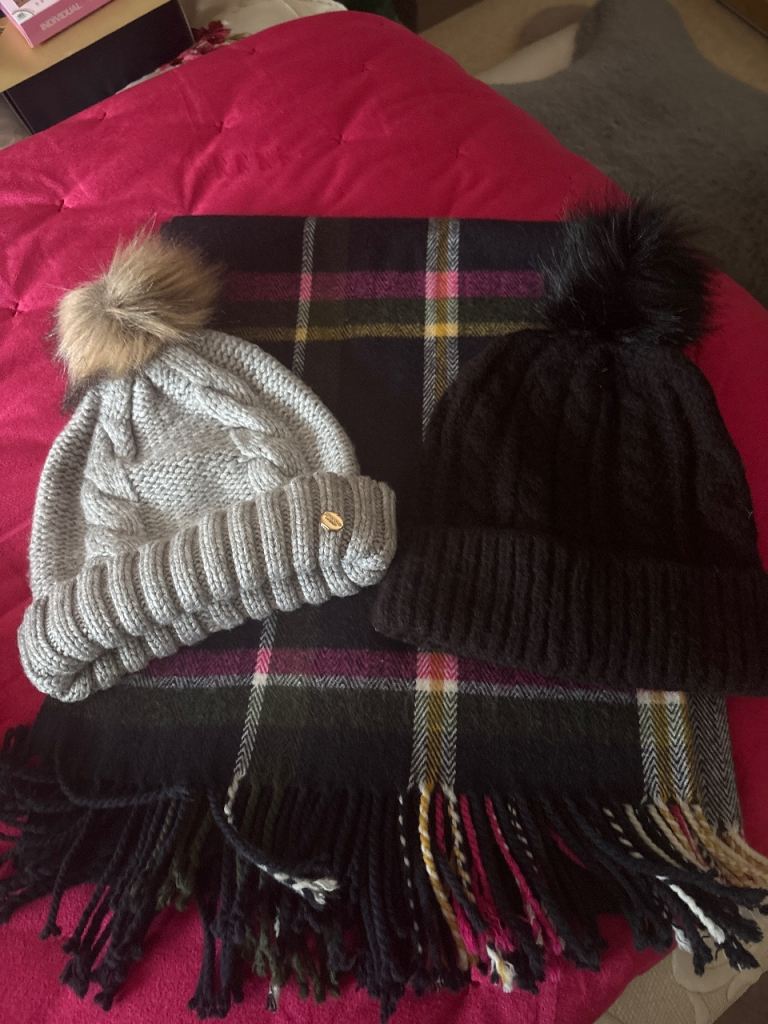 Ladies M&S navy wool scarf & hats x2