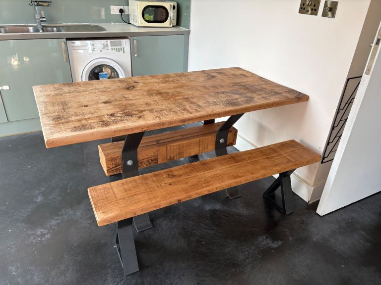 Industry rustic style dining table and bench set