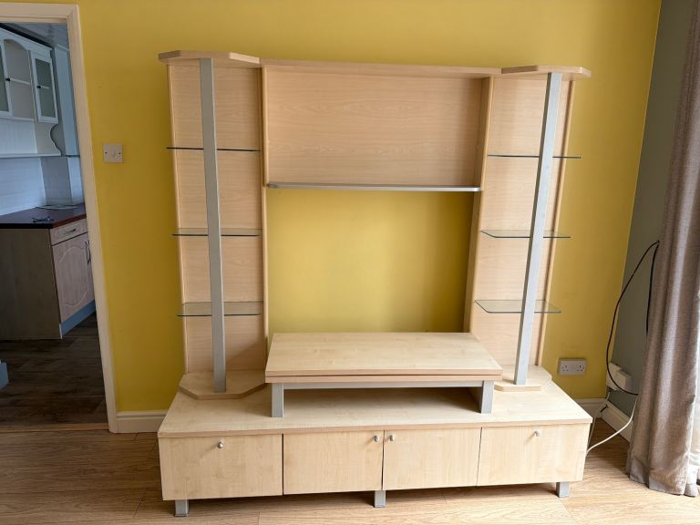 Wooden TV Unit with Shelves and Storage – Good Condition