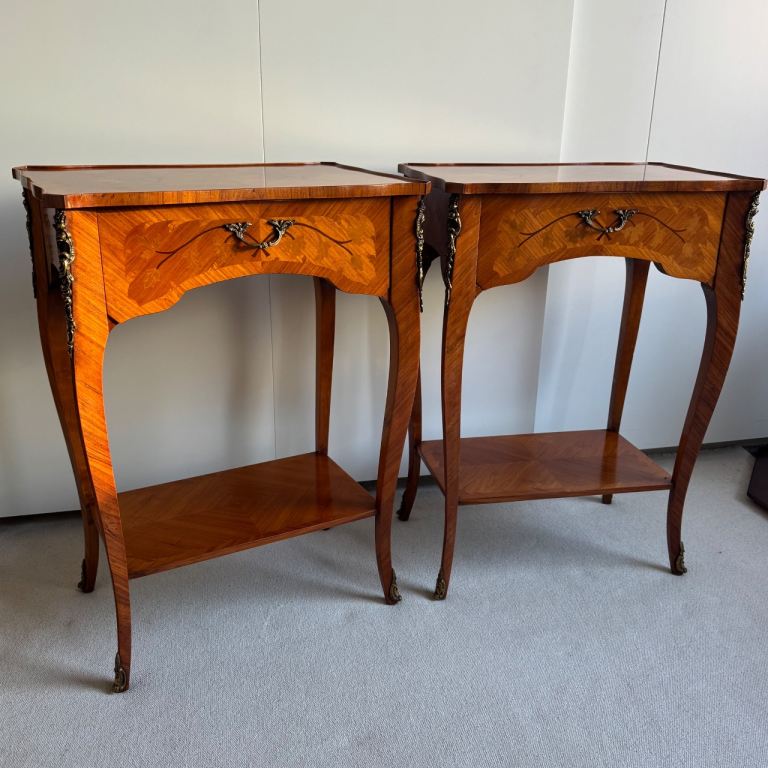 Pair of Louis XV Style Inlaid Side Tables Bedside Tables Cabinet Vintage
