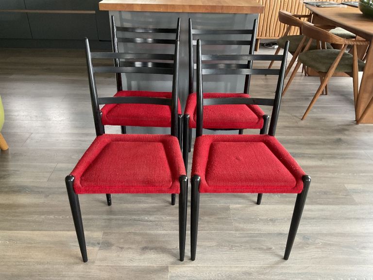 4 x G Plan E Gomme Librenza Dining Chairs Ebonised Black Red Fabric 1960s - MCM