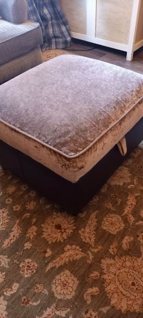 Brown leather pouffe footstool crushed velvet 