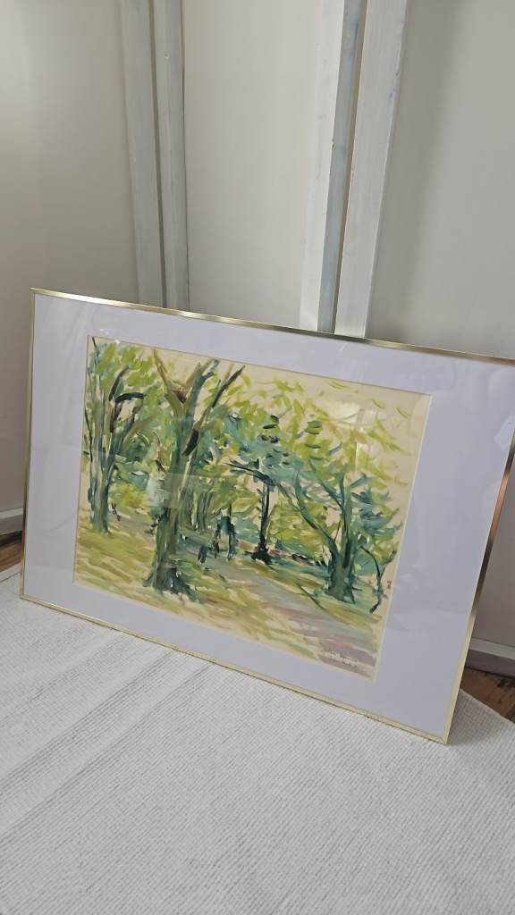 Original Framed Abstract Landscape Painting – Green & Yellow Tones