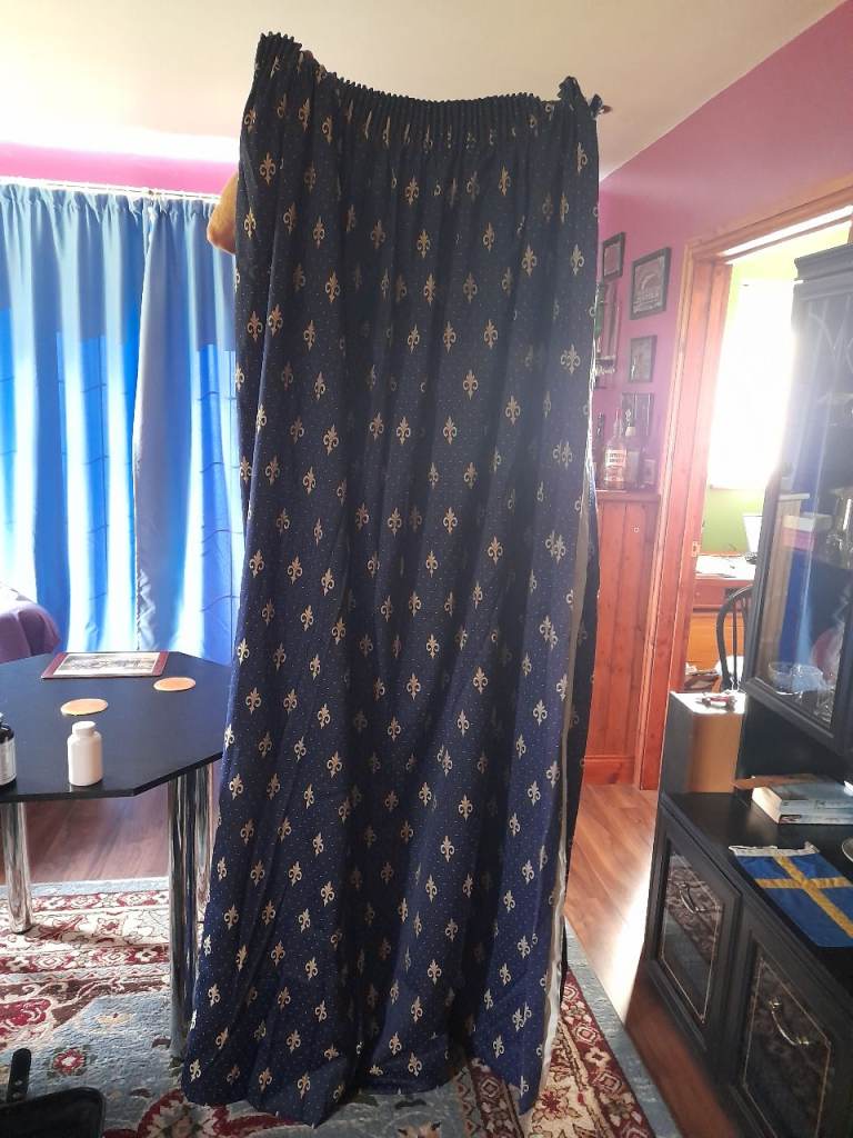 Pair of Fleur de Lis blue heavy curtains 