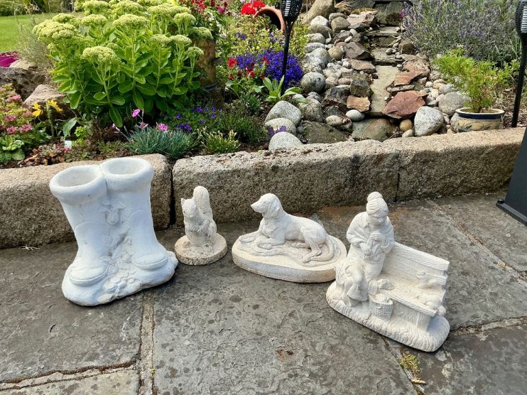 Concrete Garden Ornaments – Boots Planter, Dog, Squirrel and Old women Figure