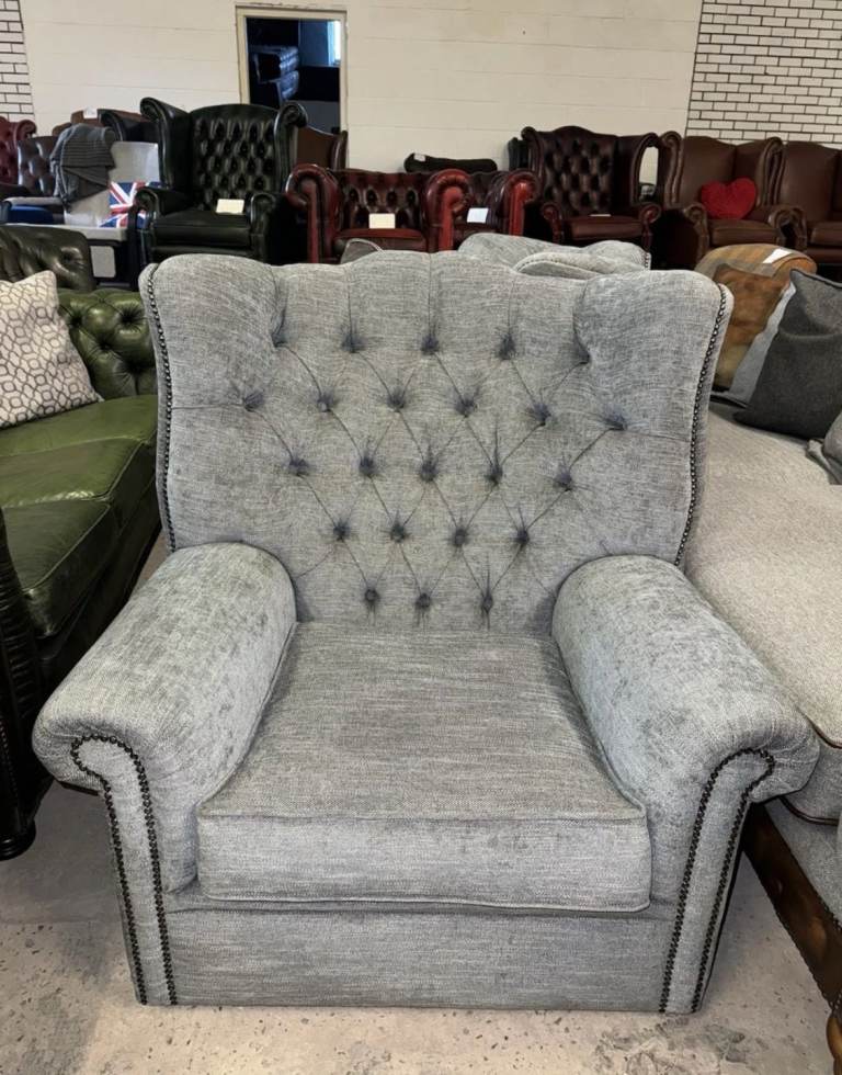 Chesterfield Grey Fabric Wingback Chair with Studding