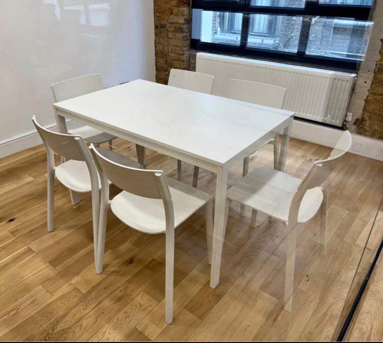 FREE DELIVERY Ikea white dining table with 6 ikea chairs, in good condition.