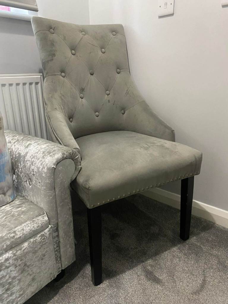 Set of 2 dining table chairs grey velvet Knocker backs 