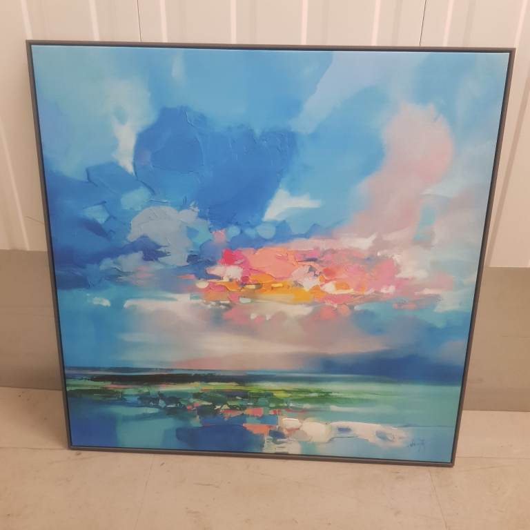 Large Abstract Canvas Painting – Blue and Pink Sunset
