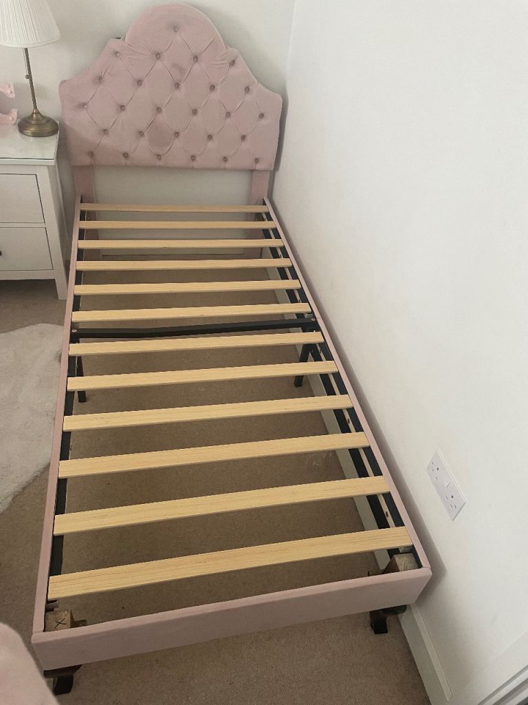 Pink velvet single bed and mattress 