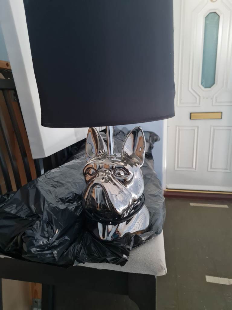 Silver French Bulldog Table Lamp with Black Shade – Good Condition