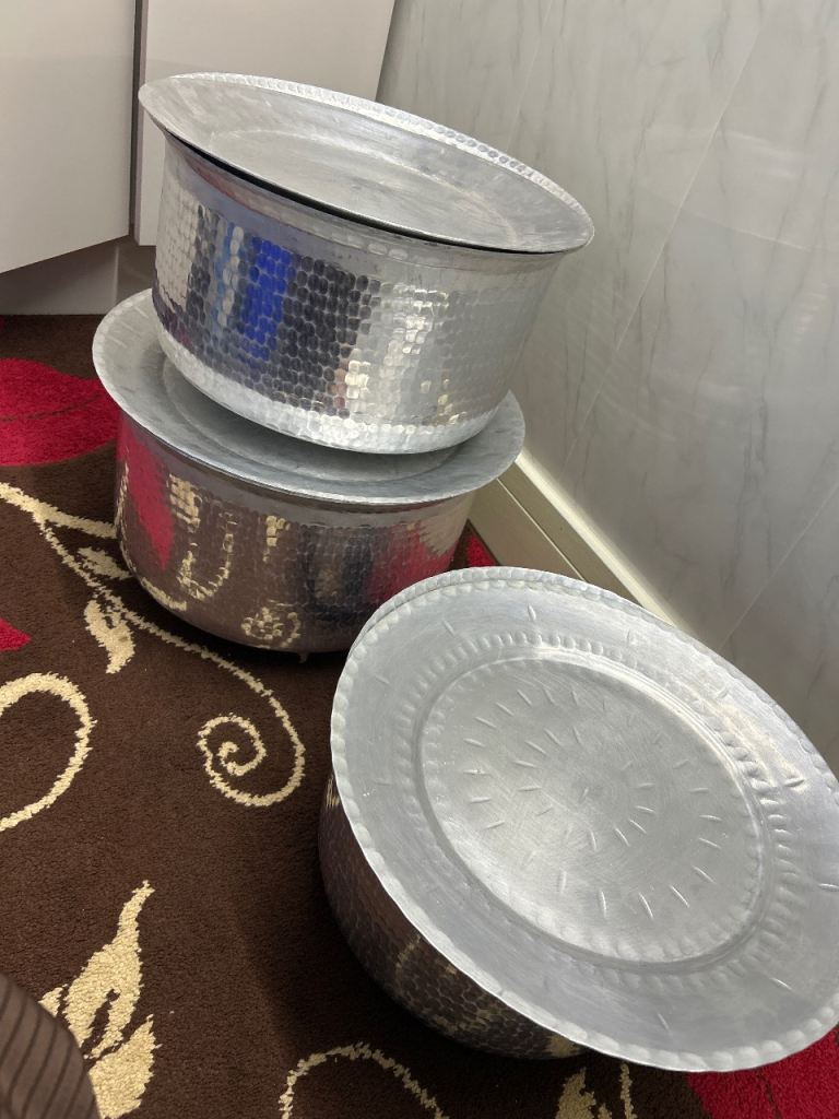 3 Large silver deep pots with lids