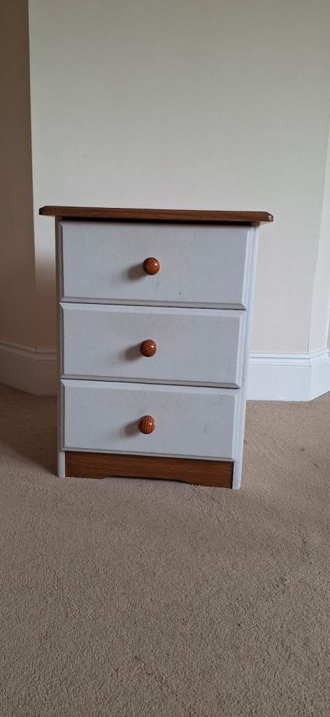 Grey and Wood Bedside Table with 3 Drawers – Good Condition