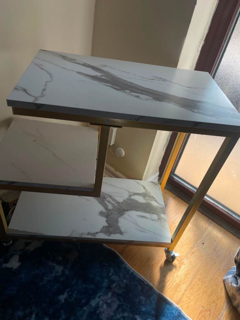 Stylish White Marble Effect 3-Tier Side Table on Wheels