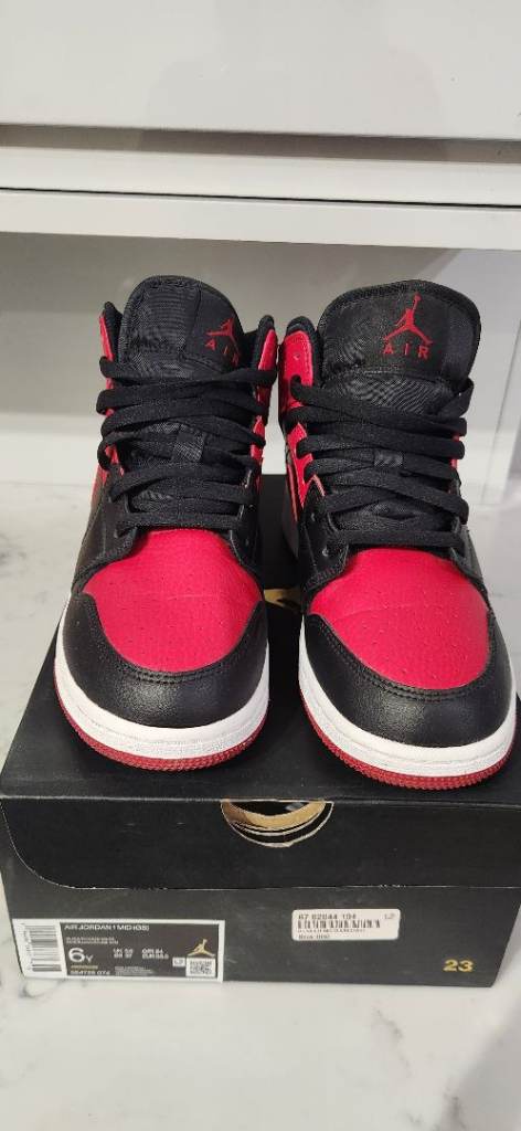 Nike Air Jordan 1 Mid GS Black White Gym Red Trainers, Size UK 5.5