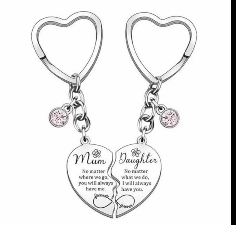 Mum Daughter Heart Keyrings set– Silver with Pink Stones,