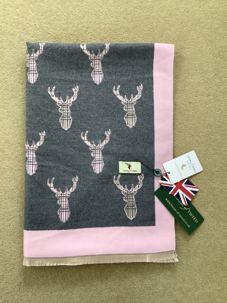 Brand new House of Tweed stag print super soft large reversible scarf shawl wrap with fringing   