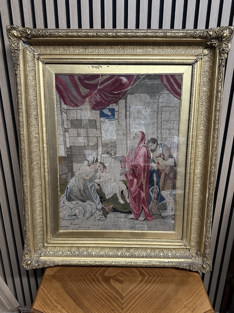 Antique Needlepoint Tapestry. Framed In An Ornate Gilt Frame.