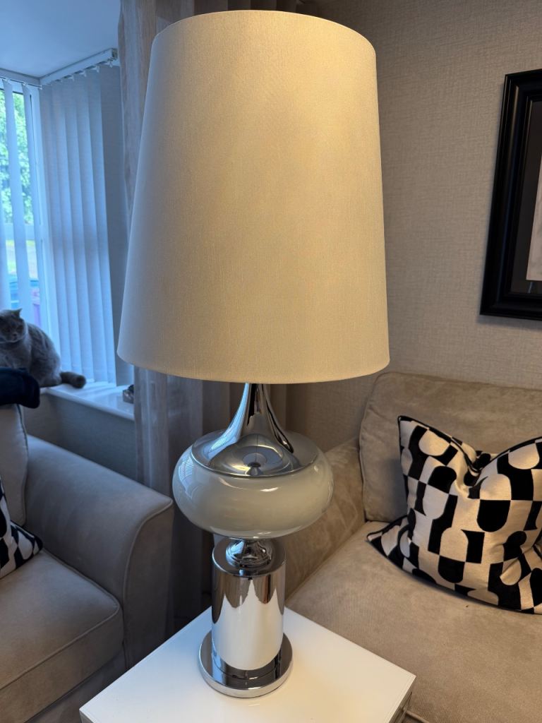 Large Silver Metal Table Lamp with White Shade