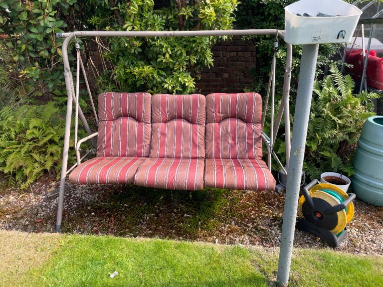 Garden Swing Seat with Cushions – Red and Brown Stripes, Good Condition