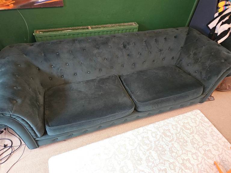 Green velvet  four seater chesterfield sofa