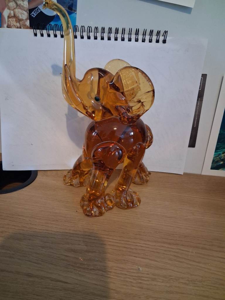 RARE HUGE MURANO ELEPHANT AMBER HAND BLOWN TRUNK UP C1960 FIGURINE
