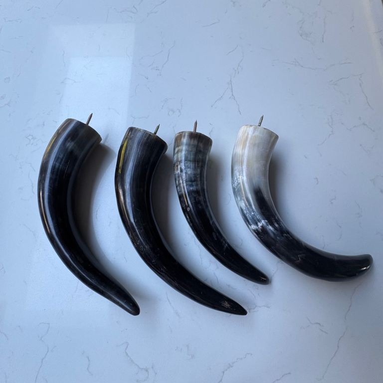 4x Genuine Polished Black & White Cow Horn Hooks – Natural Decorative Wall Hooks